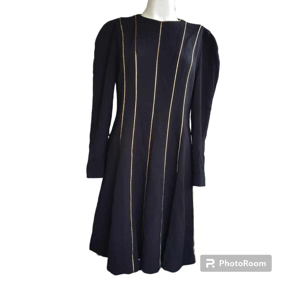 Vintage Junnie Leigh Black Gold Striped 100% Wool Midi Dress Size 6